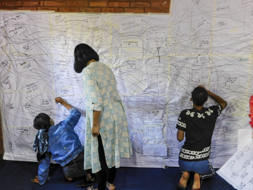 A photo of three people working on a large systems map.